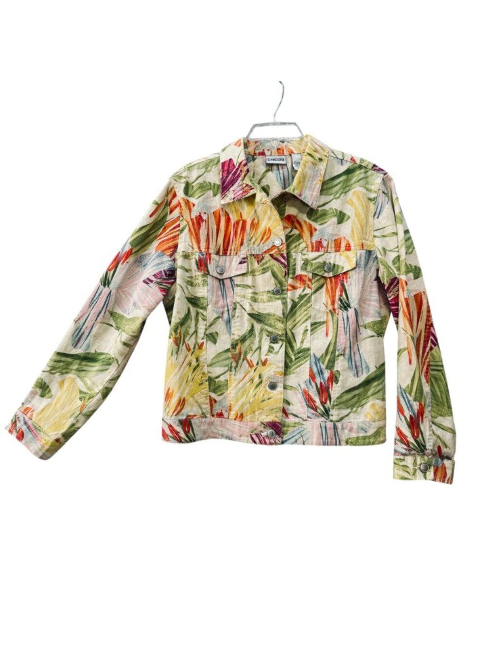 Chico's Floral Linen Blend Women's Jacket Size L Green Multi Beach Tropical - Picture 2 of 9